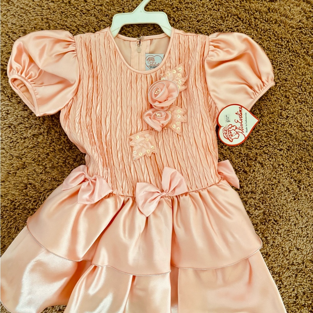 Peach Puff Sleeve Dress with Floral Accents